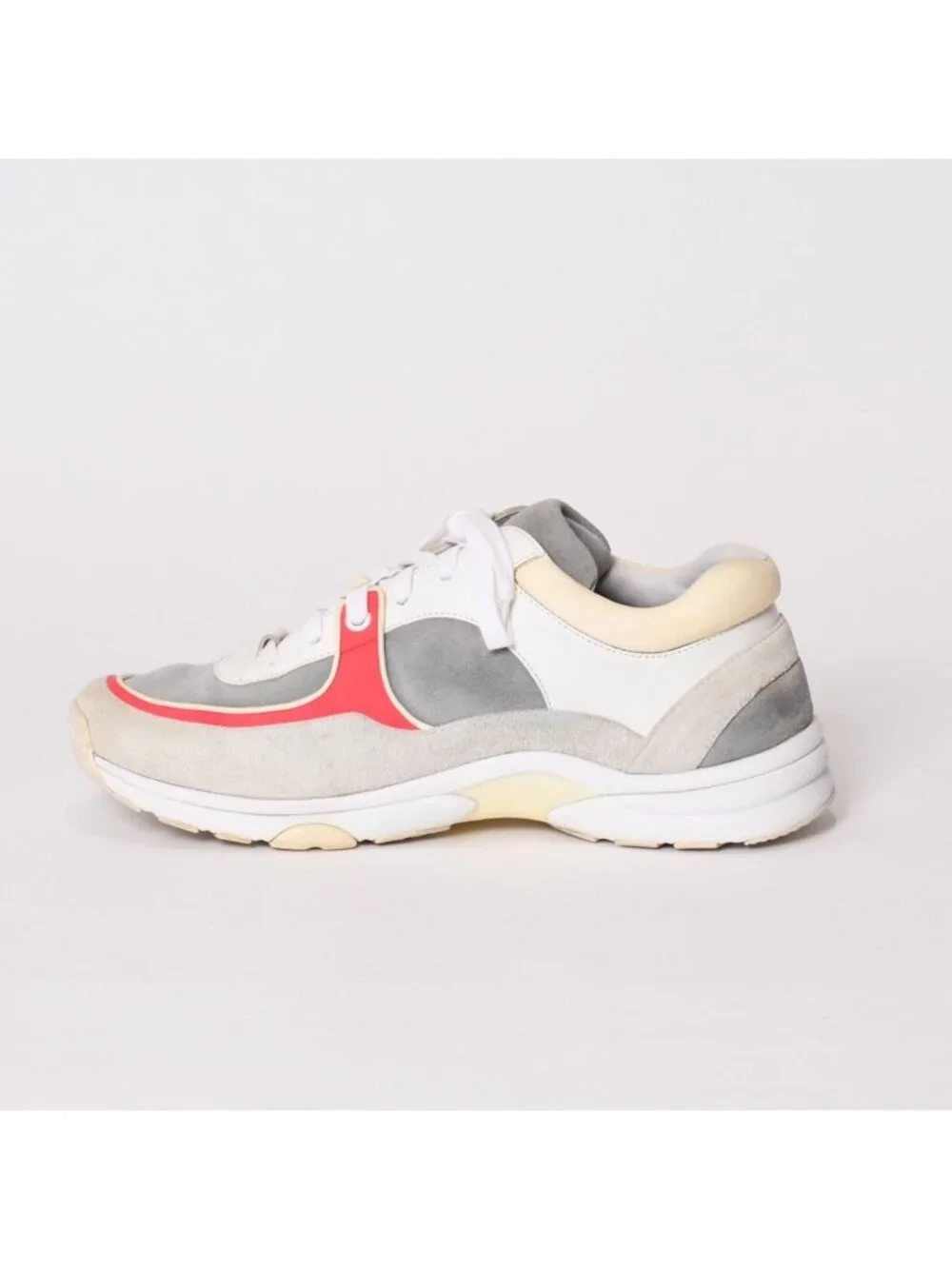 Chanel CC Logo Suede Sneakers White Gray